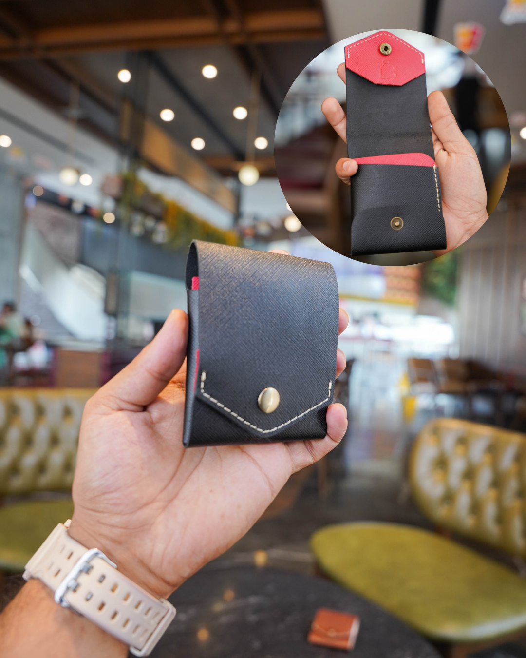 Velvet Sin | Handcrafted Genuine Black & Red Leather Wallet with free leather keychain | slim & compact design