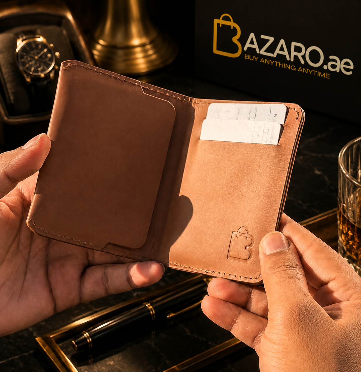 Golden Dune Card Holder | Magnetic Leather Card | Hand Made Leather Card Holder