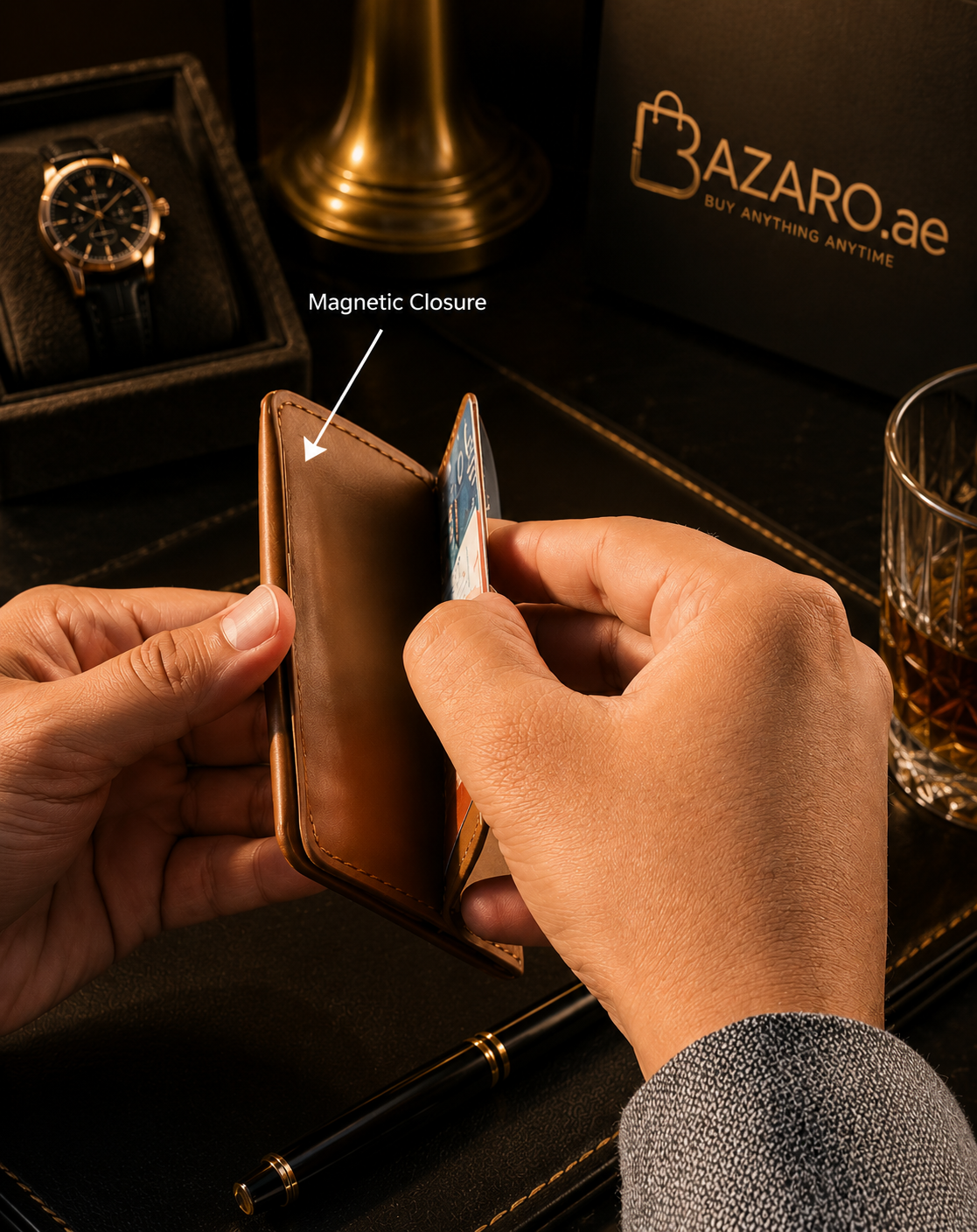 Golden Dune Card Holder | Magnetic Leather Card | Hand Made Leather Card Holder